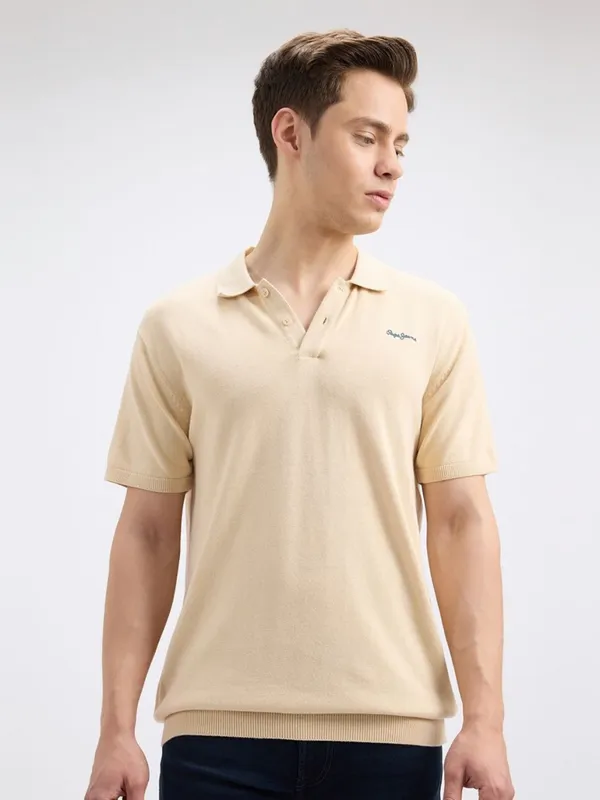 PEPE solid fawn cotton slim fit polo t-shirt