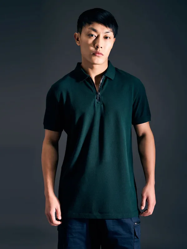PEPE solid green cotton zipper polo t-shirt for men
