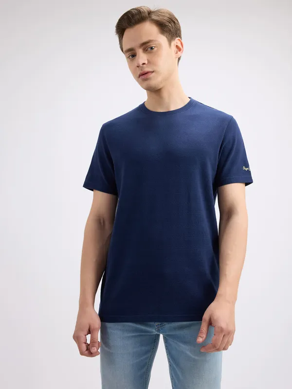 PEPE solid navy cotton slim fit mens t-shirt