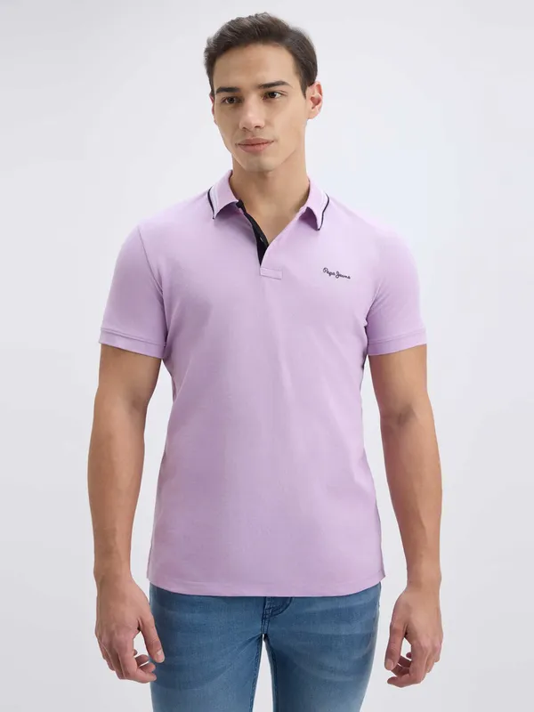 PEPE solid purple cotton slim fit polo t-shirt for men