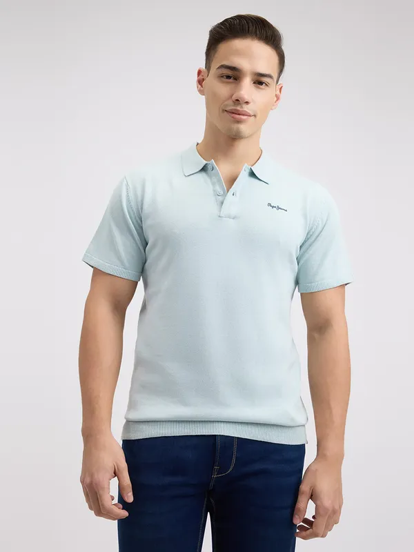 PEPE solid sky blue cotton slim fit t-shirt for men