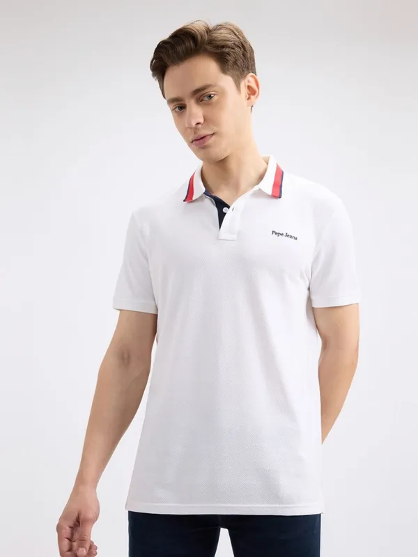 PEPE solid white cotton slim fit polo t-shirt