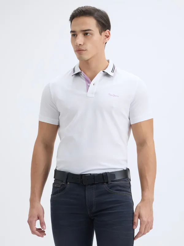 PEPE solid white cotton slim fit polo t-shirt for men