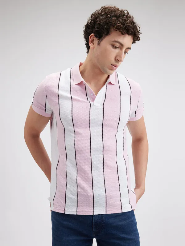 PEPE striped pink polo neck slim fit mens t-shirt