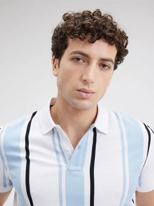 PEPE striped sky blue polo neck slim fit mens t-shirt