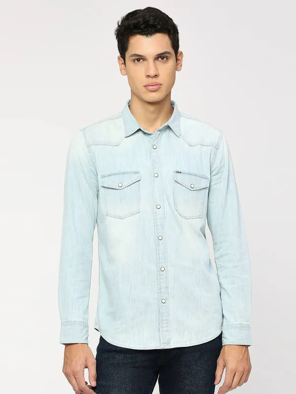 PEPE washed ice blue casual denim shirt