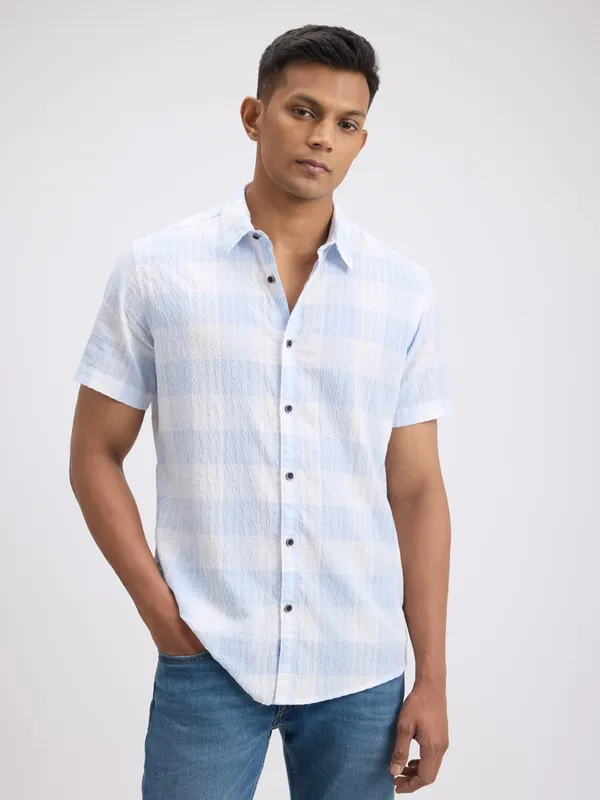 PEPE white and aqua blue check shirt