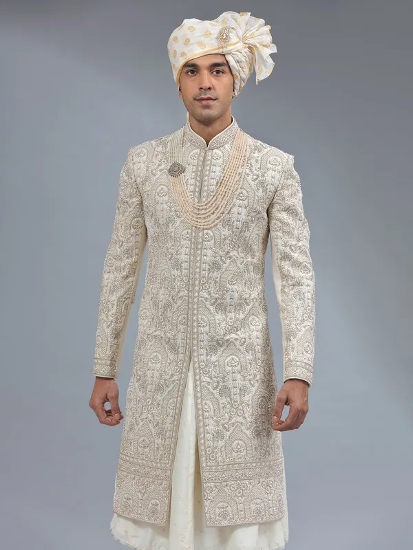 Peshwai cream raw silk sherwani for groom