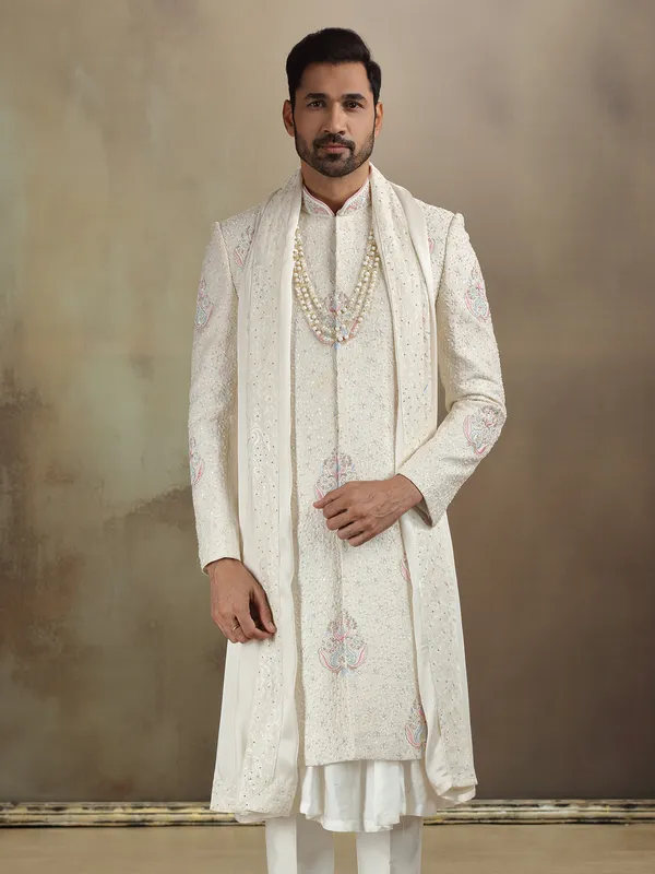 Peshwai style cream banarasi silk sherwani with dupatta