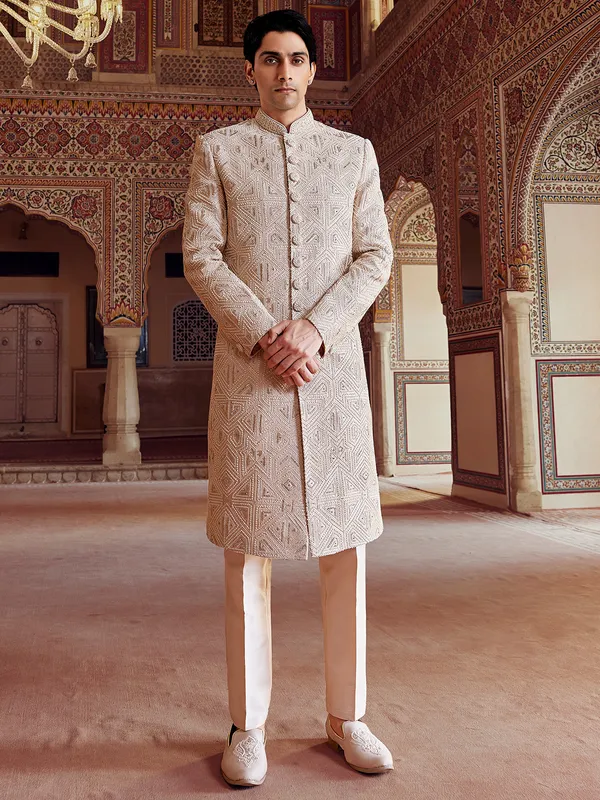 Peshwai style light peach sherwani for groom