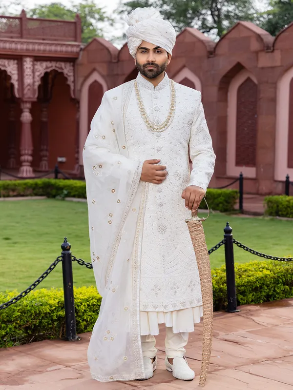Peshwai style raw silk white shewani for groom