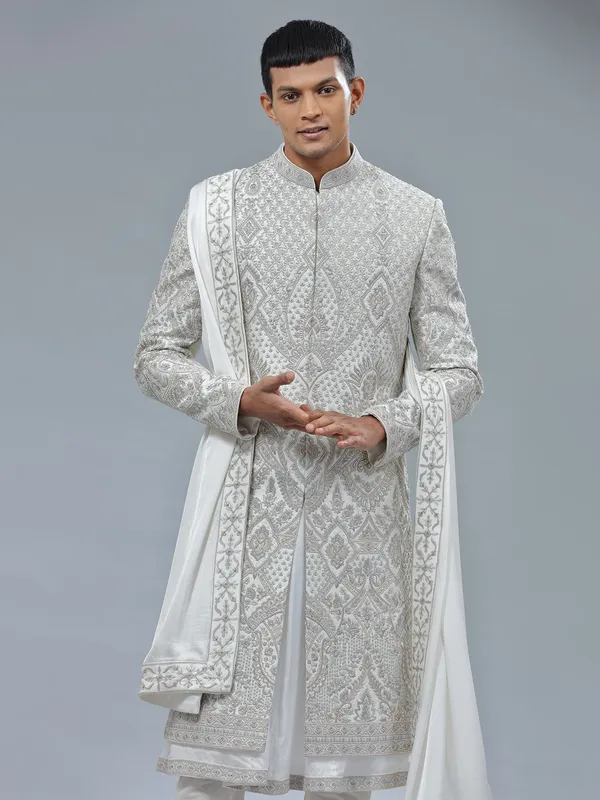 Peshwai style white shrwani with dupatta