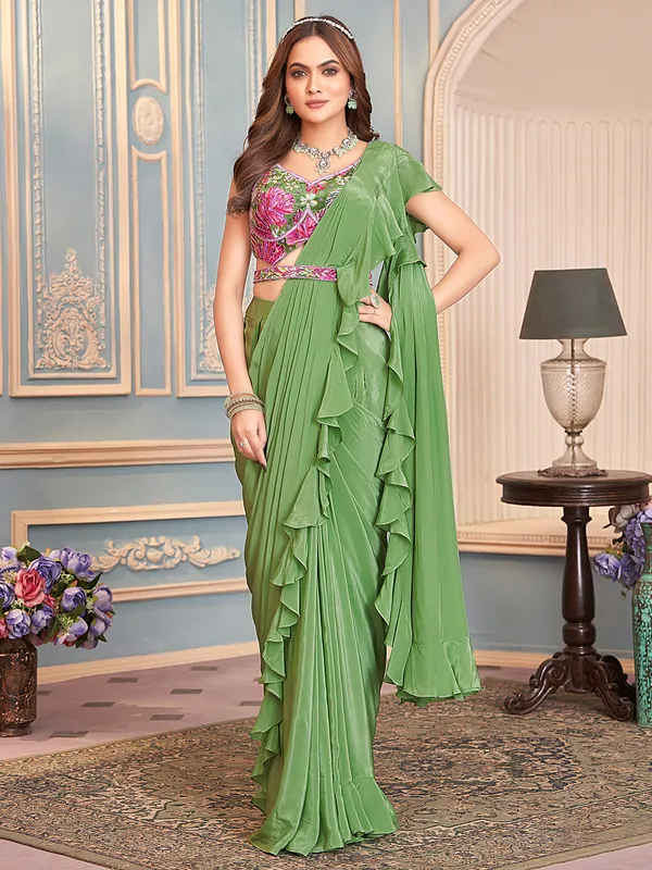 Pestal green designer satin silk party wear saree