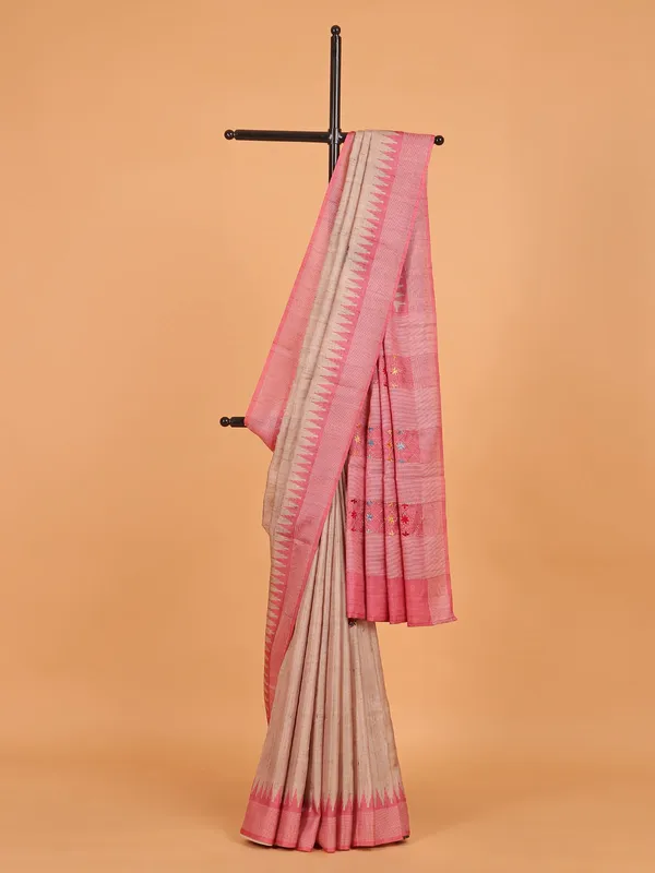Pink and beige semi tusser silk saree