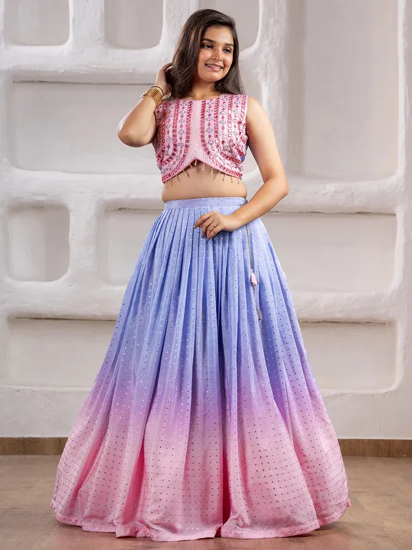 Pink and blue lehenga choli in silk
