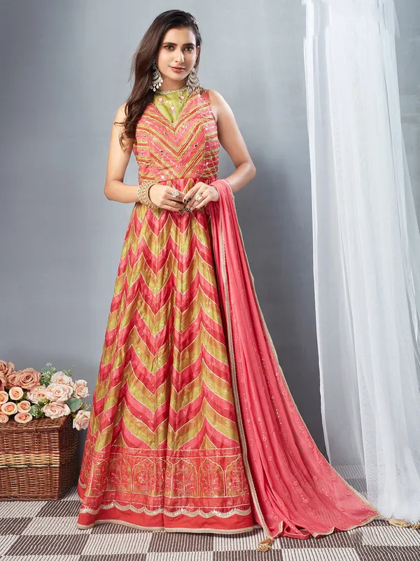 Pink and green printed anarkali suit