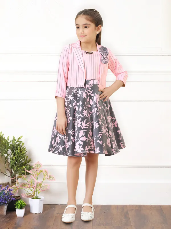 Pink and grey printed satin jacket style frock