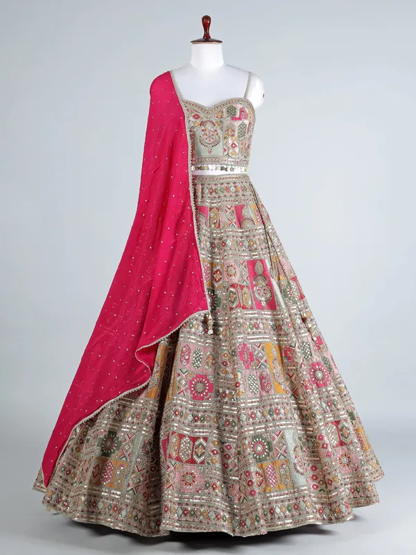 Pink and grey silk lehenga choli with embellishments