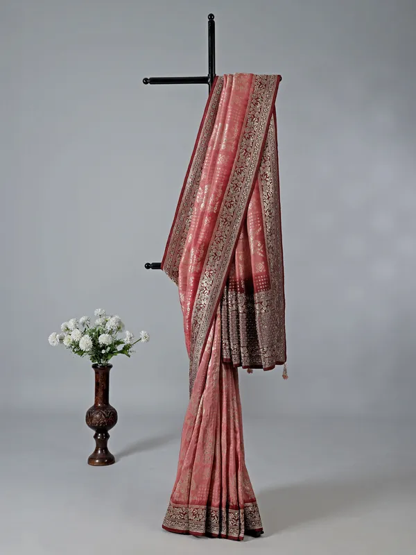 Pink and maroon dola silk wedding saree