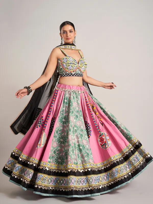 Pink and pista green silk navratri chaniya choli
