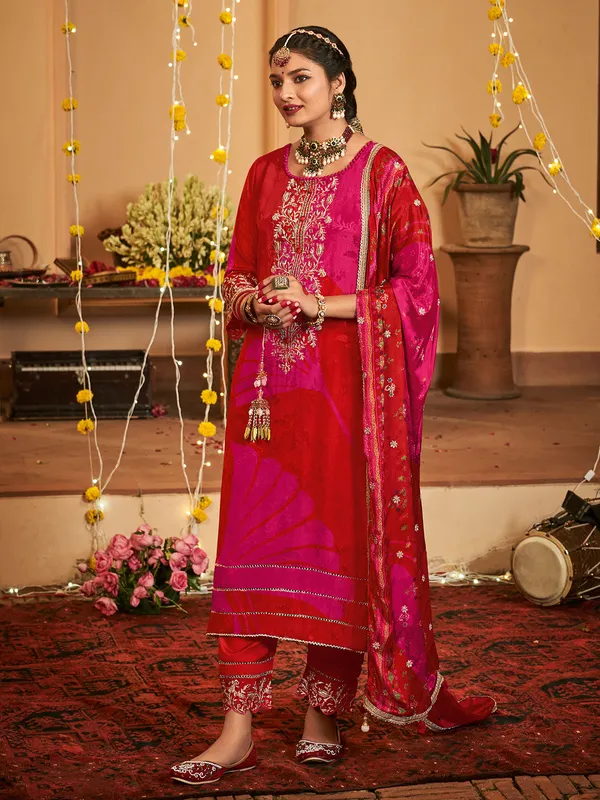 Pink and red silk salwar suit with resham work