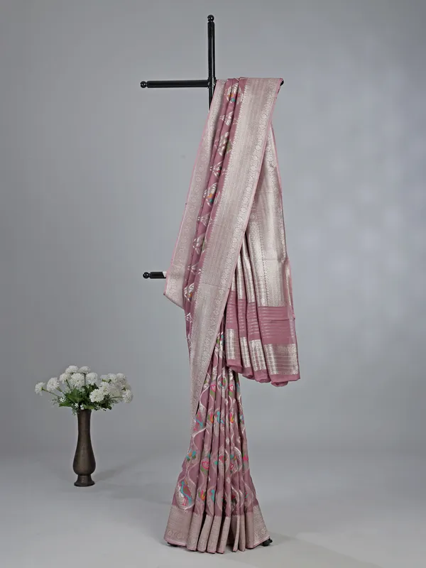 Onion pink satin silk saree for festival