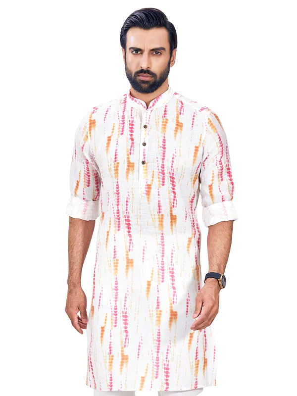 Pink and white cotton printed kurta