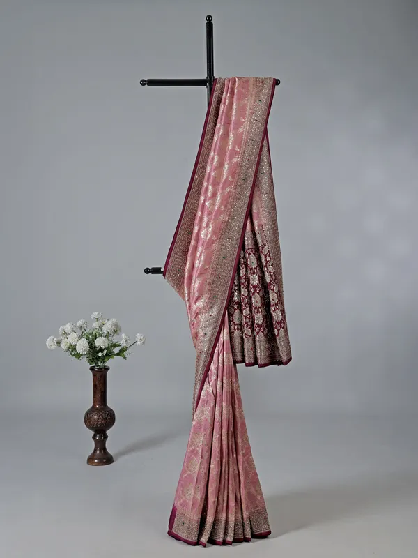 Pink and wine banarasi silk wedding saree