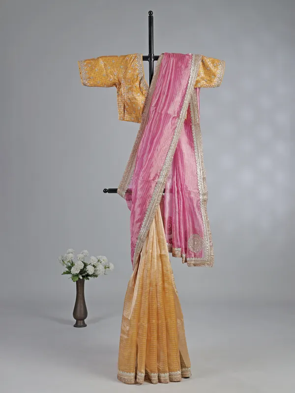 Pink and yellow organza wedding wear saree