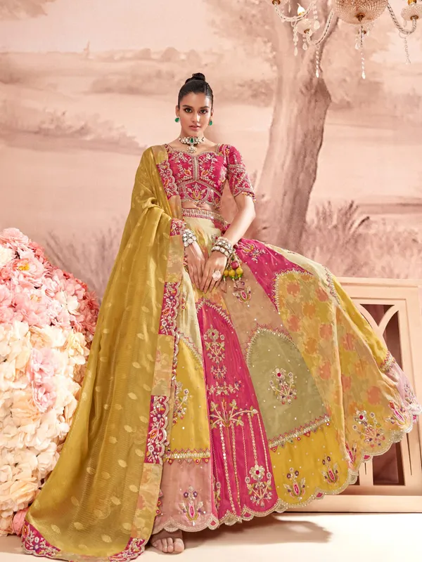 Pink and yellow unstitched lehenga choli
