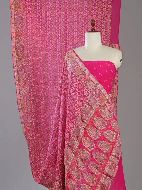 Pink bandhej silk saree with unstitched blouse