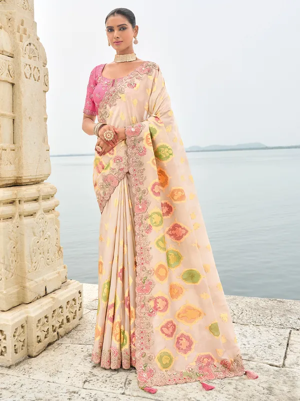 Pink beige printed tissue silk saree design