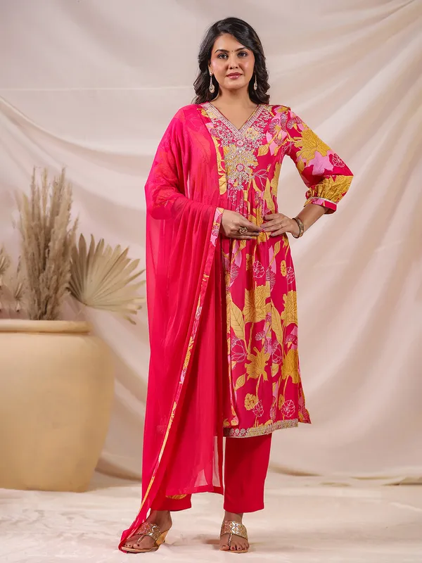 Pink bloom straight fit kurti with dupatta