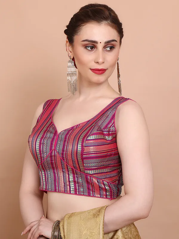 Pink brocade sleeveless ready made alterable blouse