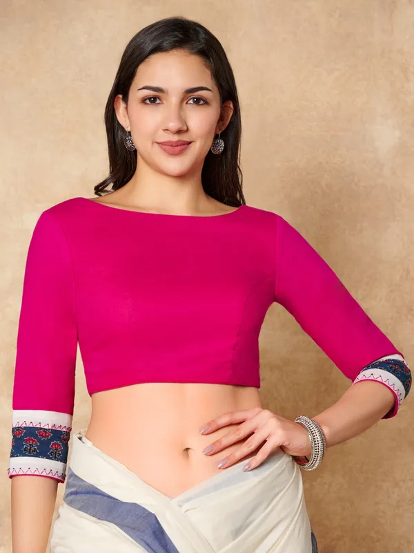 Pink cotton boat neck ready made blouse