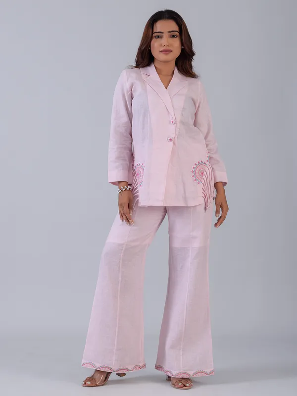 Pink cotton co ord set with embroidery