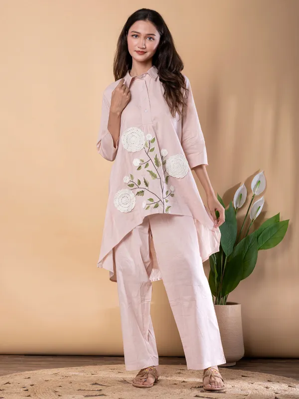 Pink cotton embroidered co ord set