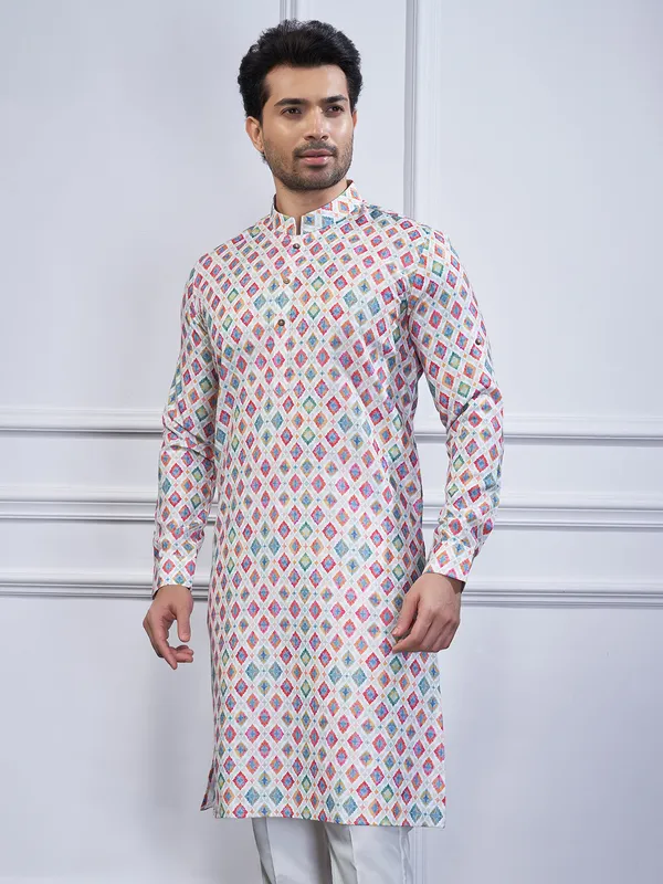 Pink cotton festival wear printed kurta suit