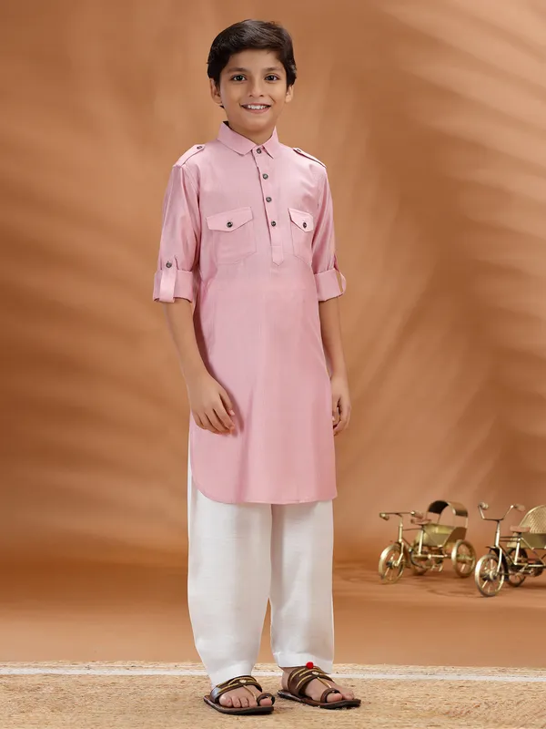 Pink cotton pathani kurta set