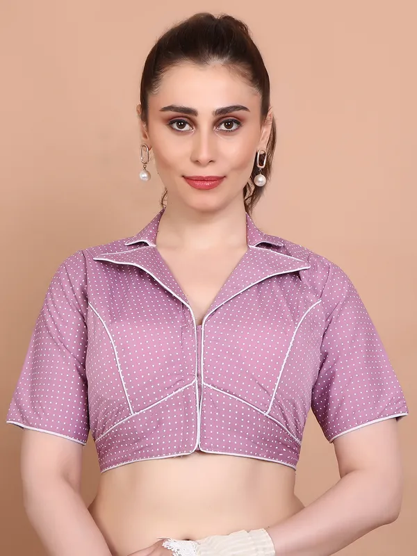Pink cotton printed collar neck ready mad blouse
