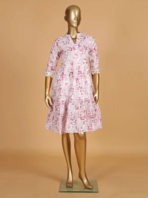 Pink cotton printed dress for women