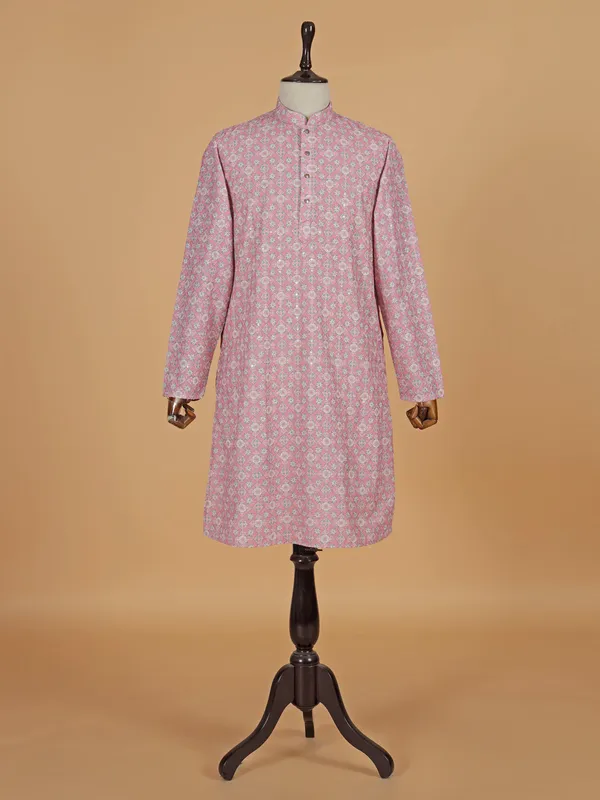 Pink cotton silk kurta suit with thread work
