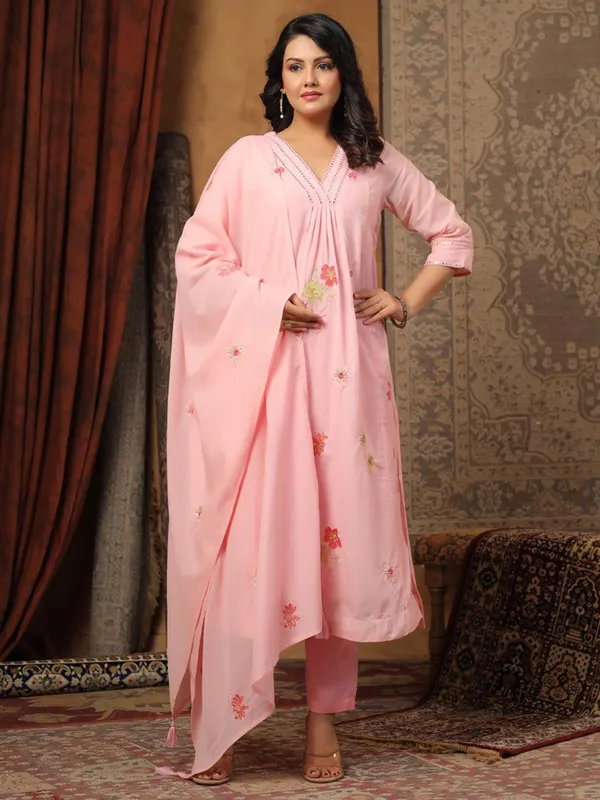 Pink cotton silk kurti set for women