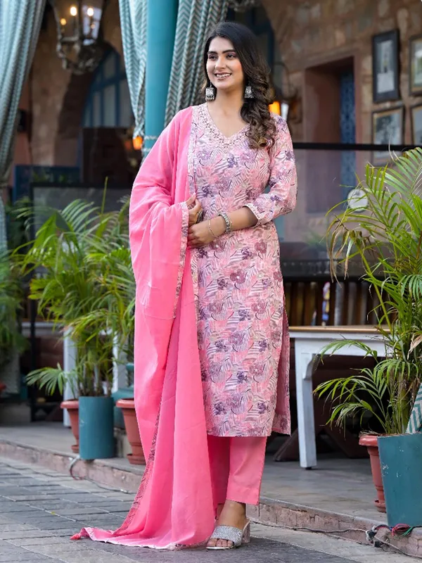 Pink cotton silk printed kurti set for women