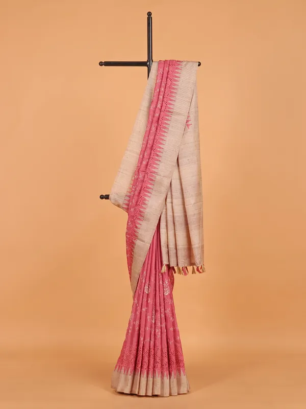 Pink cotton silk printed saree for women