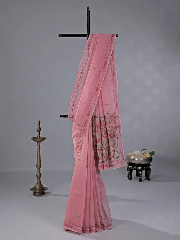Pink cotton silk saree with thread weaving