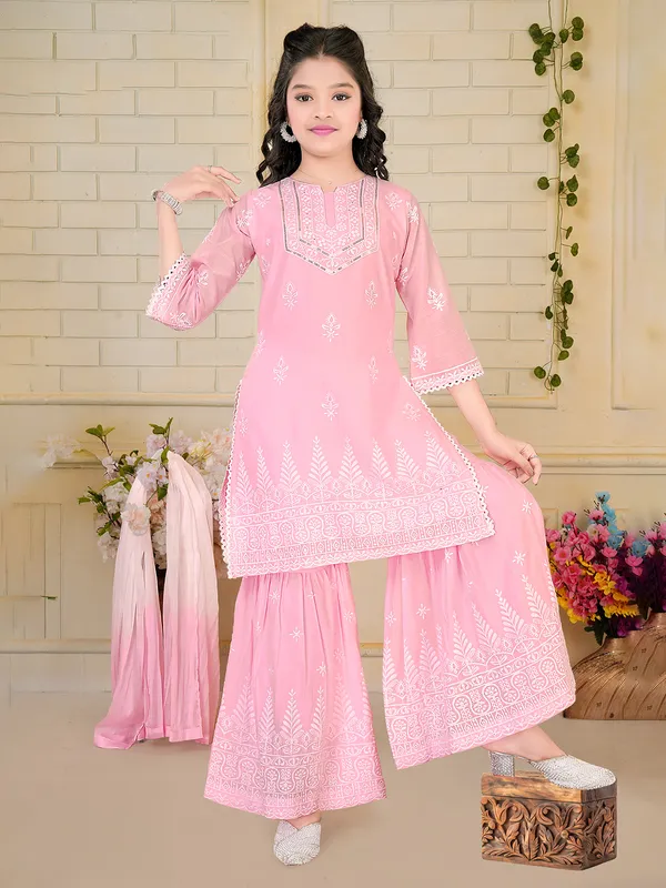 Pink cotton silk sharara salwar suit with dupatta set
