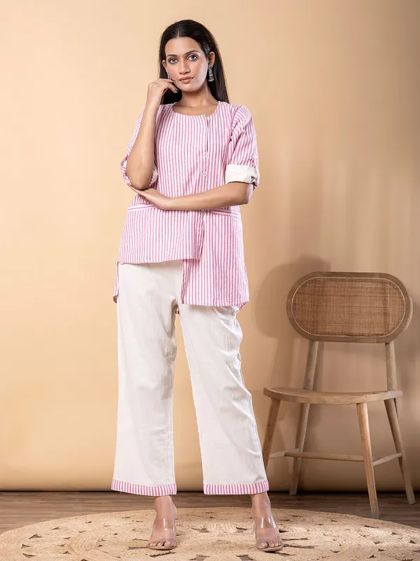 Pink cotton silk striped co ord set