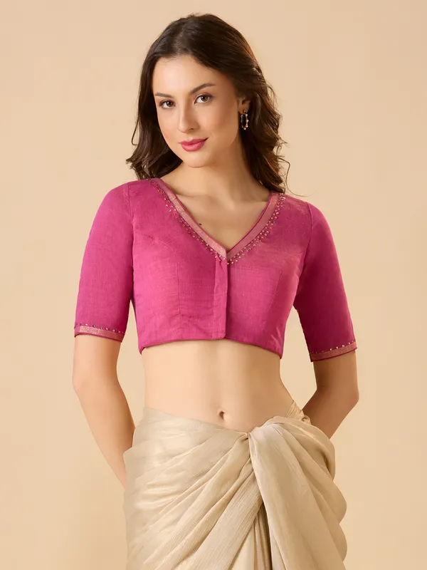 Pink cotton stone work ready made blouse with V neck