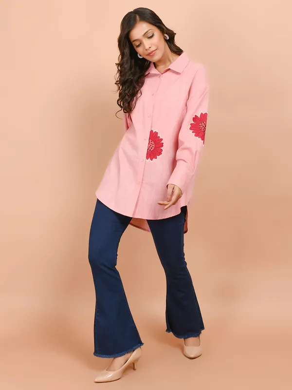 Pink cotton top for women with thread work
